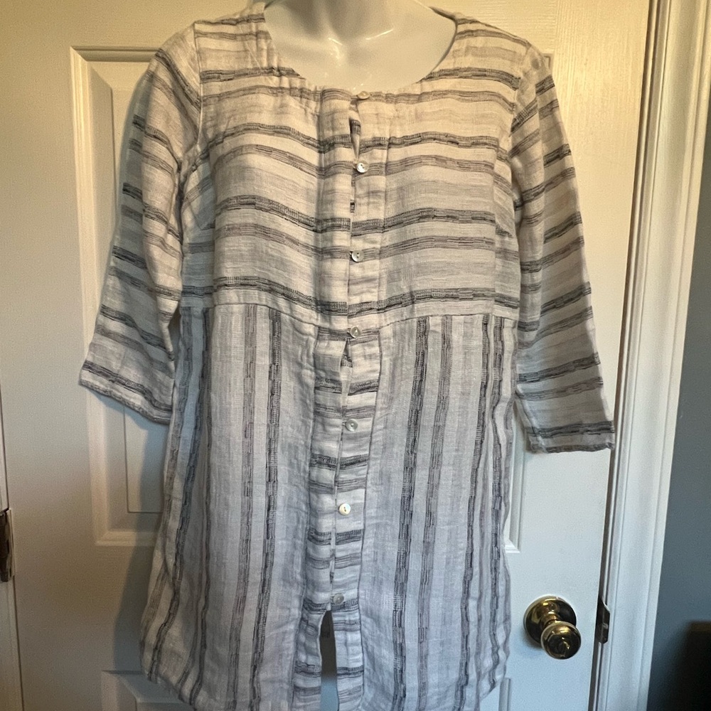 Purejill White and Gray Boxy Button Down Linen Tunic Sz X‎ Small